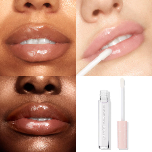 20 Carats ColourPop Ultra Glossy Lip coating lips with a glassy shine, shown in a grid of close-up swatches on multiple skin tones with a doe-foot applicator mid-swipe and the clear gloss tube with pink star cap in view.