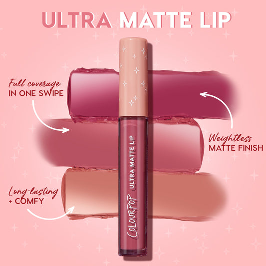 ColourPop Ultra Matte Lip in Off The Record stands upright with three lipstick swatches behind, demonstrating full coverage in one swipe and a weightless, long‑lasting matte finish on a pink backdrop, highlighting packaging and texture.