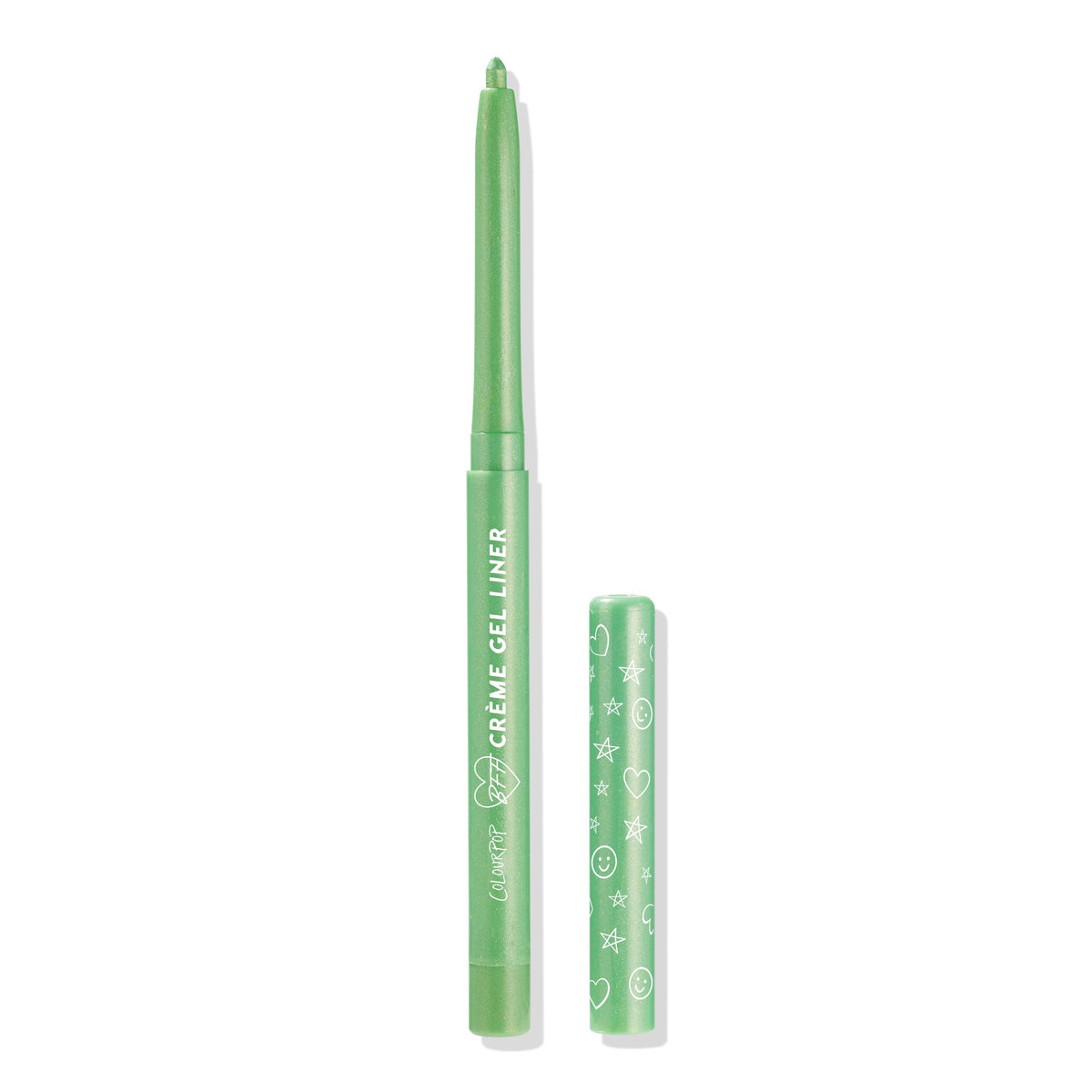 Aglow ColourPop Crème Gel Liner pencil stands uncapped with the twist-up creamy tip extended, cap set beside; metallic mint-green barrel features white stars, hearts, and smiley icons on a clean white background.