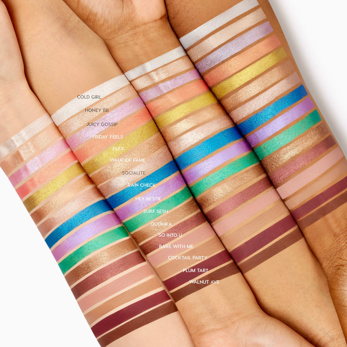ColourPop Shadow Stix So Into U swatched as a slim stripe on four skin tones, a muted rosyβmauve shade shown among rows of labeled colors, highlighting the creamy eyeshadow stickβs pigment and blend across light to deep arms.