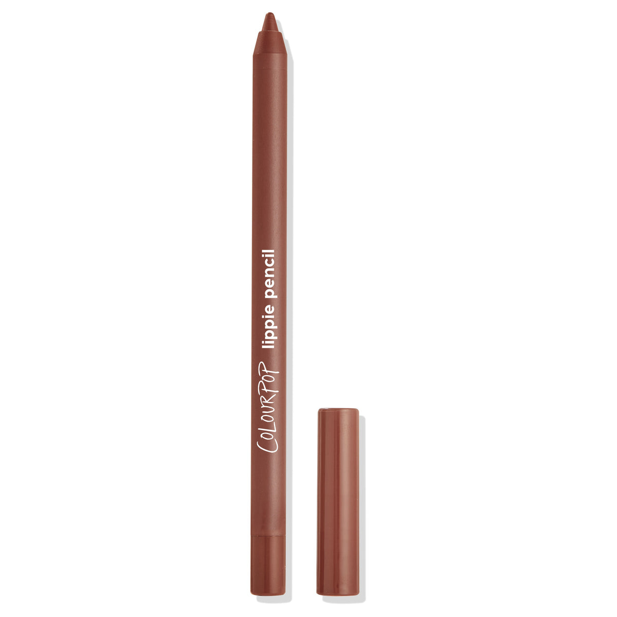 ColourPop Lippie Pencil in Chain Reaction stands uncapped to show its warm brown tip, the matte brown barrel with white logo and matching cap on a clean white studio background, showcasing a precise, long-wearing lip liner.
