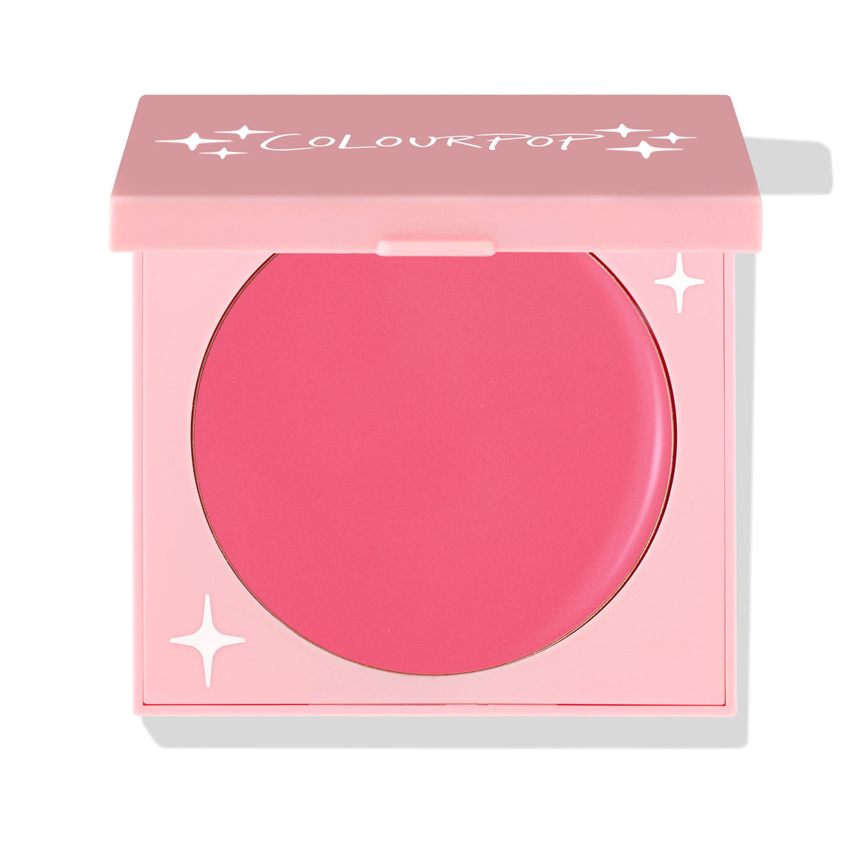 Cherry Blossom ColourPop Cream Blush compact, shown half-closed, reveals a round pan of vibrant cherry pink cream set in a pink square case with star accents and ColourPop logo on a clean white background.