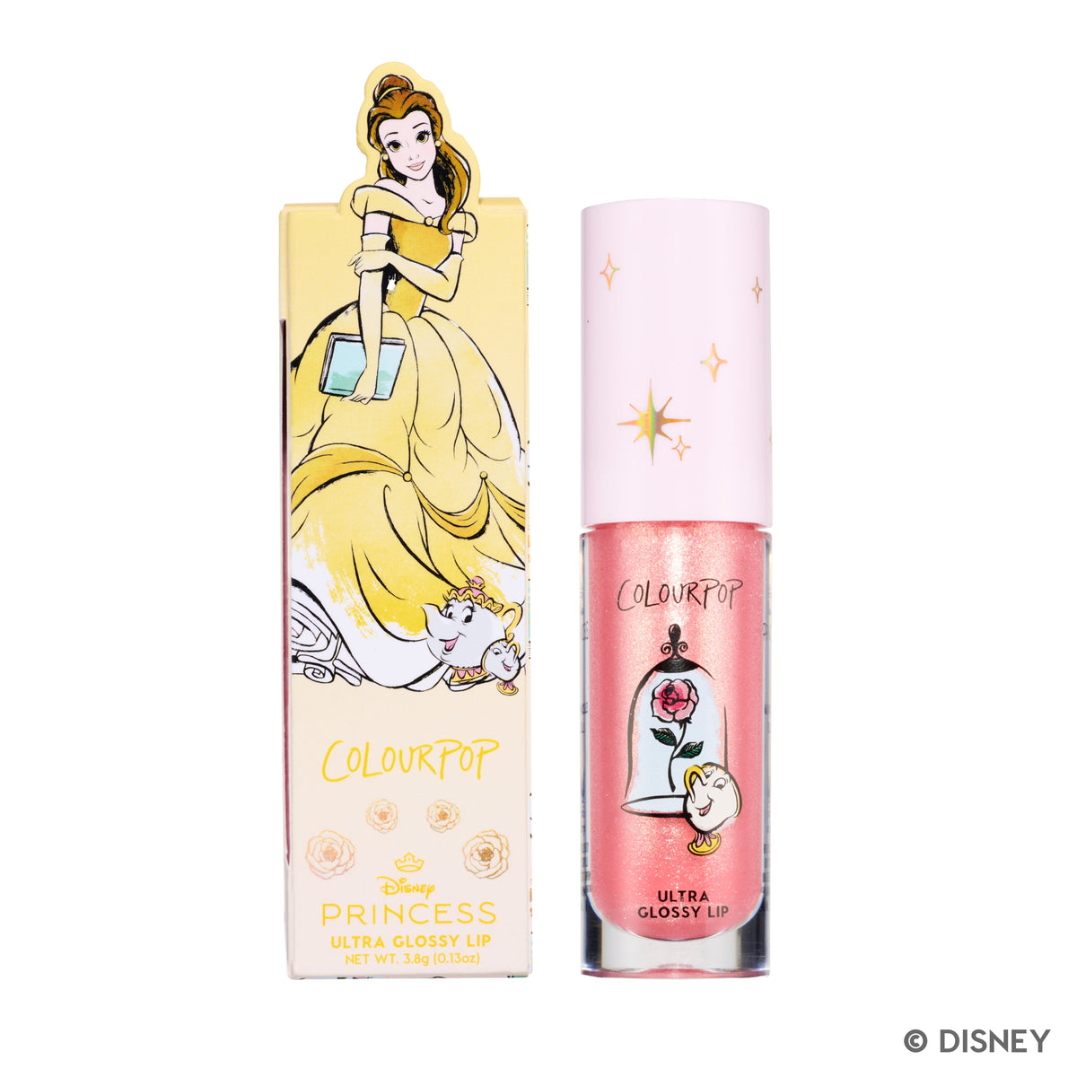 ColourPop Mademoiselle Belle Ultra Glossy Lip tube standing beside its Disney Princess Belle-themed box, featuring pink shimmery lip gloss with enchanted rose and character artwork on a clean white background.