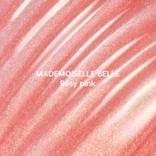 Mademoiselle Belle Ultra Glossy Lip swatch showing shimmery rosy pink Disney Princess–inspired lip gloss spread in smooth, diagonal streaks with fine gold sparkle on a metallic background, highlighting its ultra-glossy finish.