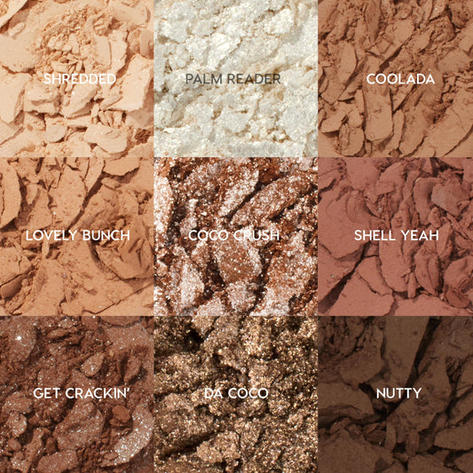 Going Coconuts ColourPop Shadow Palette showcasing nine neutral shades in a 3x3 grid - Shredded, Palm Reader, Coolada, Lovely Bunch, Coco Crush, Shell Yeah, Get Crackin’, Da Coco, Nutty - crushed pigments showing matte and shimmer from beige to deep brown.