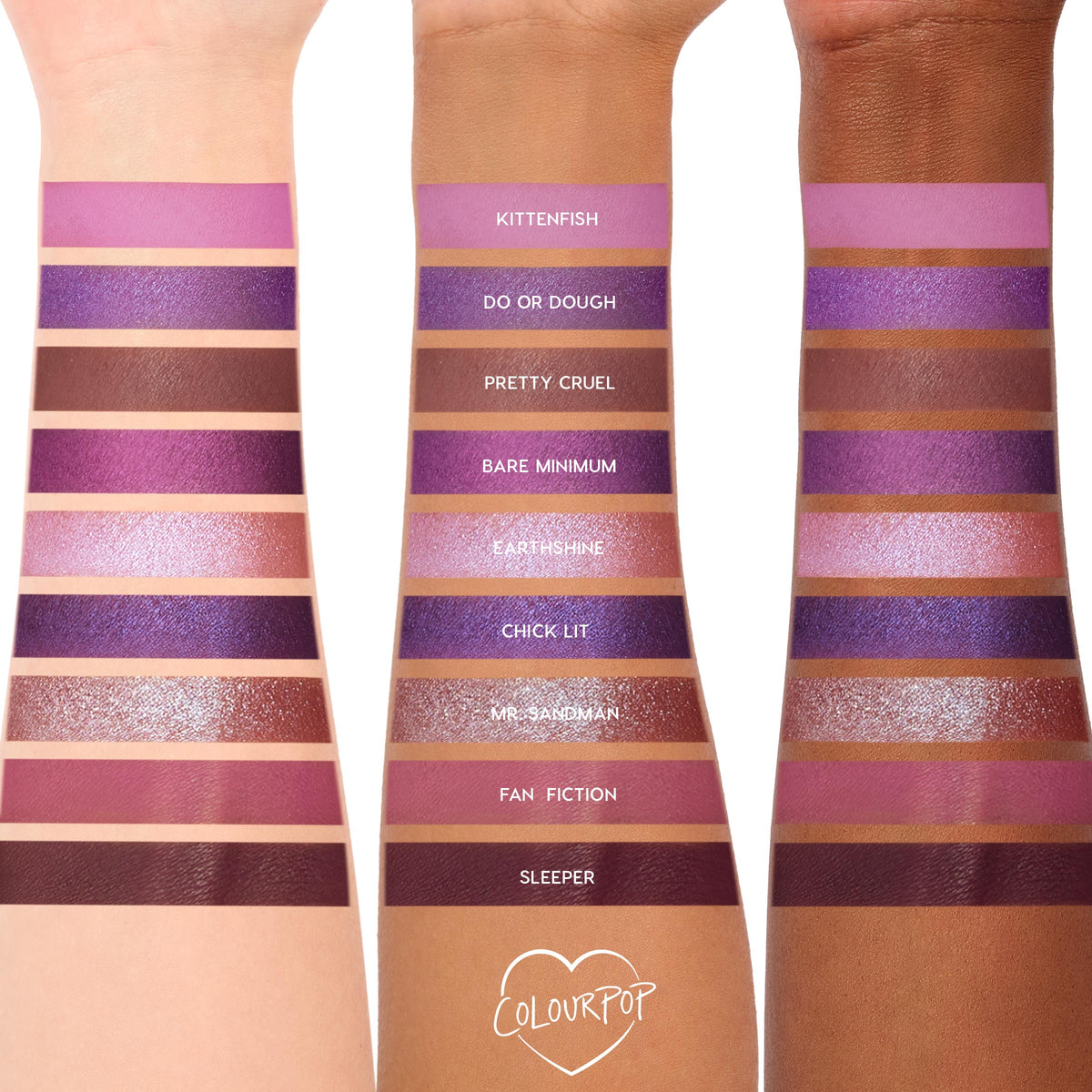 ColourPop Shadow Palette It's My Pleasure swatched on three arms with light, medium, and deep skin tones, showing nine purple hues - lilac, mauve, plum, and berry - in matte and shimmer, with shade names like Kittenfish and Sleeper visible.