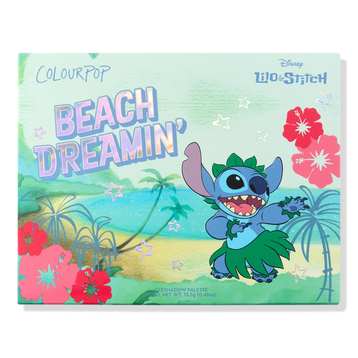 Beach Dreaminβ ColourPop Shadow Palette featuring mint-green packaging with a holographic title and Disney Lilo & Stitch art - Stitch dancing in a grass skirt against a Hawaiian beach scene with palms, hibiscus, and star accents.