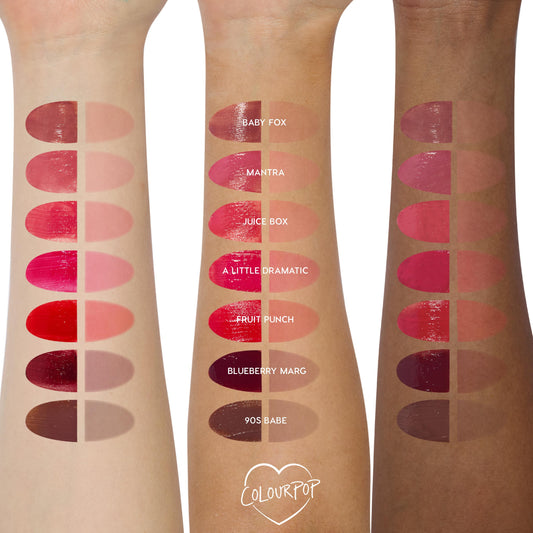 Colourpop Very Berry lip stain swatched on three skin tones, showing glossy berry-red pigmentation and coverage alongside other HydraPop Lipstick & Lip Stains shades on forearms against a white background.