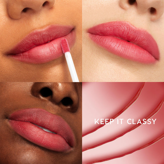 Rosy pink lips wear Keep It Classy, a ColourPop Ultra Blotted Lip, as a doe-foot applicator dabs on the soft-matte stain; close-ups on varied skin tones sit beside soft-matte swipes and the product name in a four-panel grid.