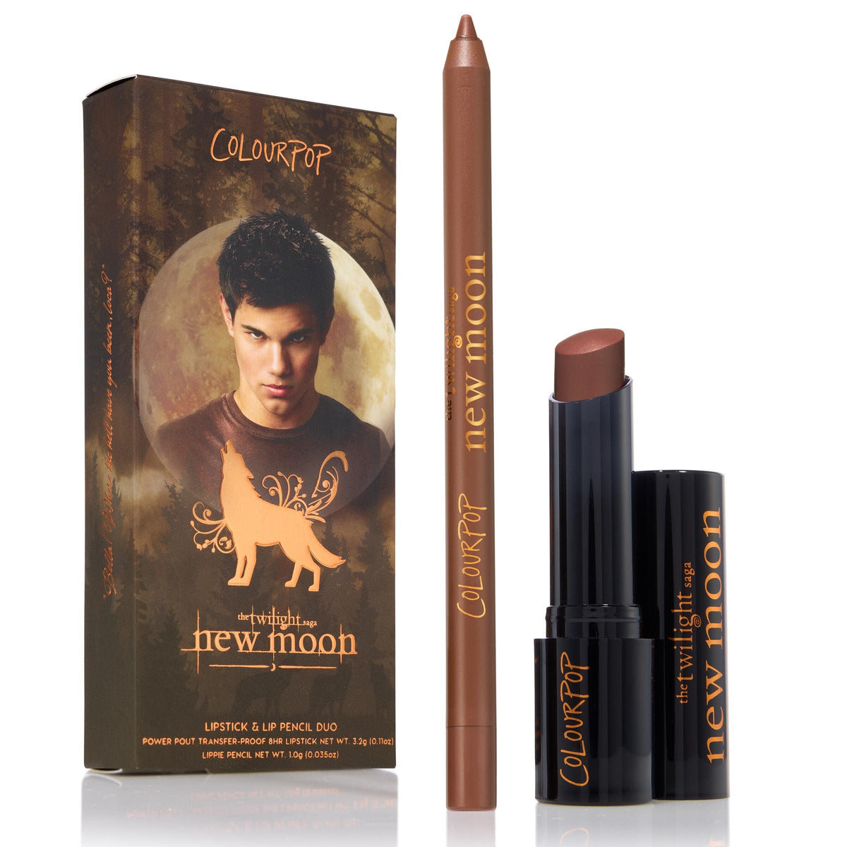 Bella! Where the Hell Have You Been, Loca? Power Pout Lipstick from Colourpopβs Twilight collection shown in its brown bullet tube beside matching lip pencil and New Moonβthemed outer box with forest and moon artwork.
