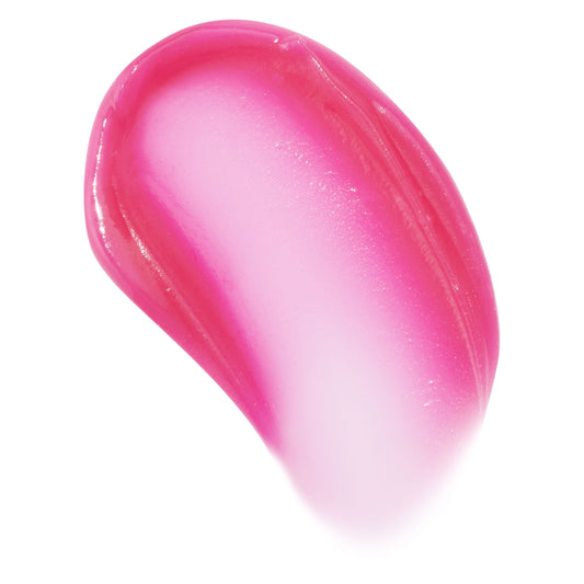 Glossy hot-pink to soft-rose lip mask swatch sweeps in a teardrop arc, showcasing the Enchanted Rose shade and hydrating, cushiony texture of the ColourPop Lip Mask against a clean white background.