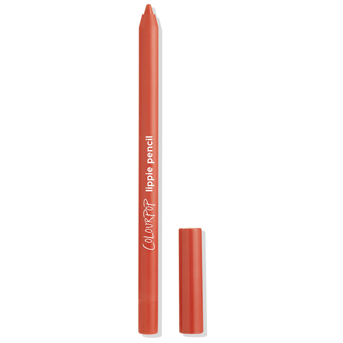ColourPop Lippie Pencil Oh Sis stands upright with cap off, revealing a creamy warm terracotta lip liner tip; matte orange-red barrel with white ColourPop branding on a clean white background.