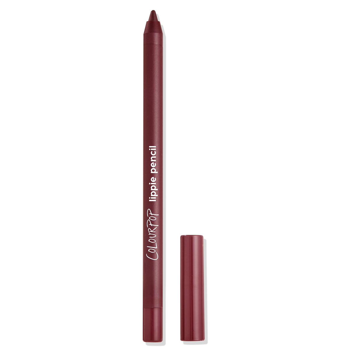 On Ice ColourPop Lippie Pencil stands uncapped on a white background, cap placed beside the matte burgundy barrel with white logo, revealing a sharpened deep berry tip for precise lip lining.