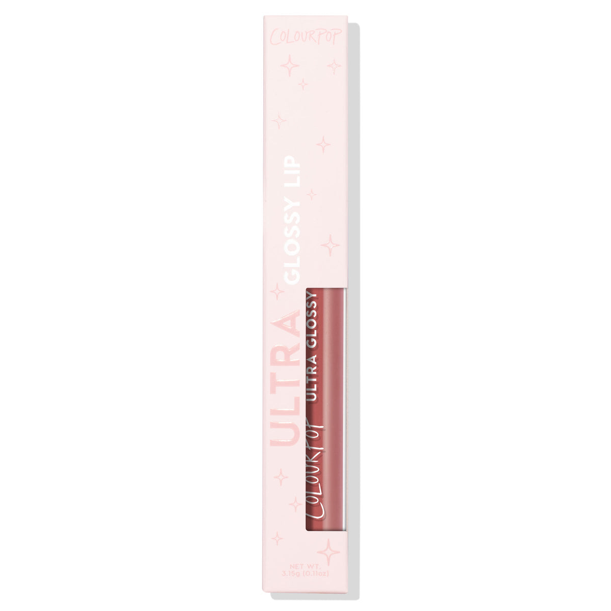 ColourPop Ultra Glossy Lip in Pasadena stands upright in a pastel pink box with star accents, the clear tube showing a rose-mauve gloss, displayed front-facing on a white background.