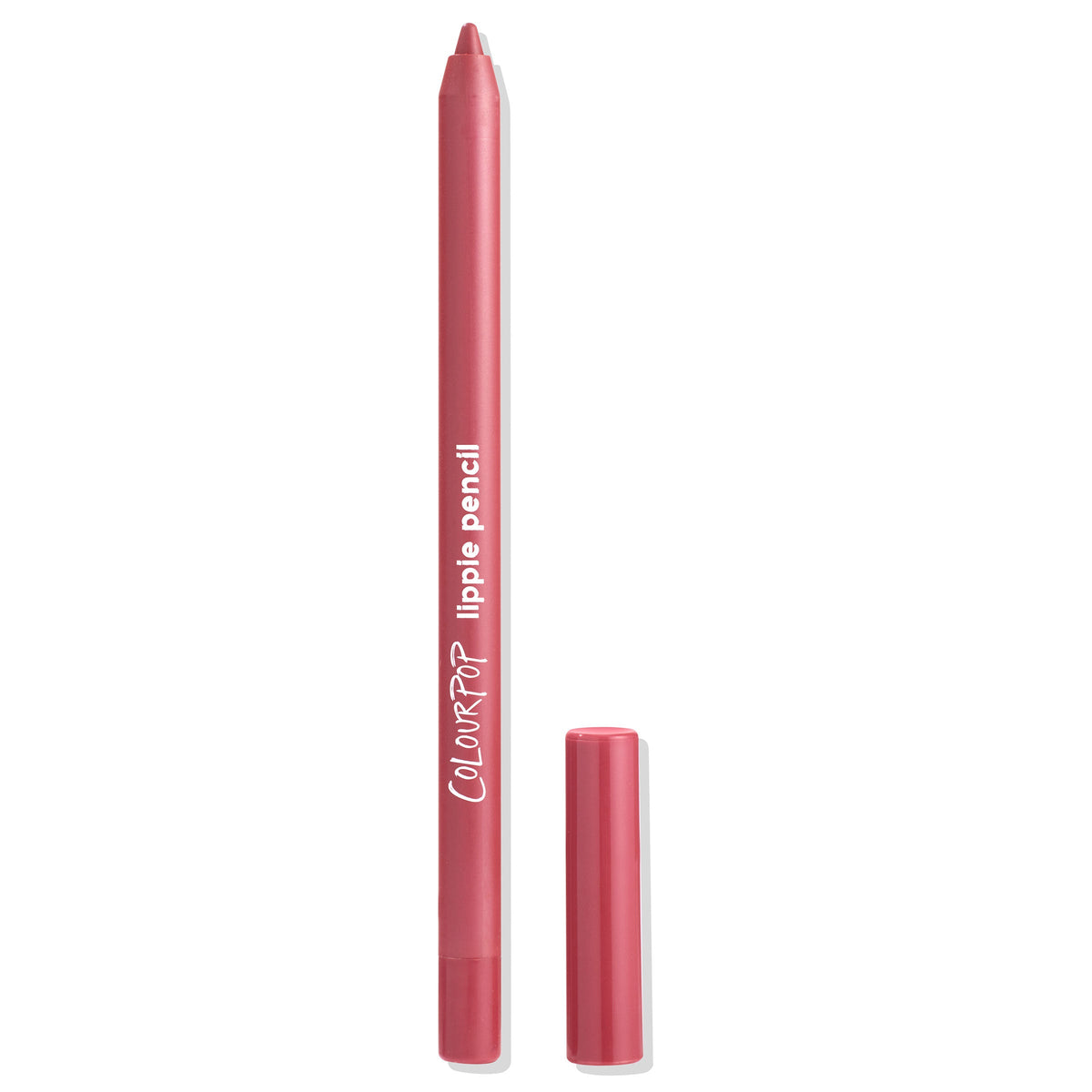 Shot Clock ColourPop Lippie Pencil shown uncapped, revealing a warm rose lip liner tip; matching cap lies beside the slim pink barrel with white ColourPop branding on a clean white background.