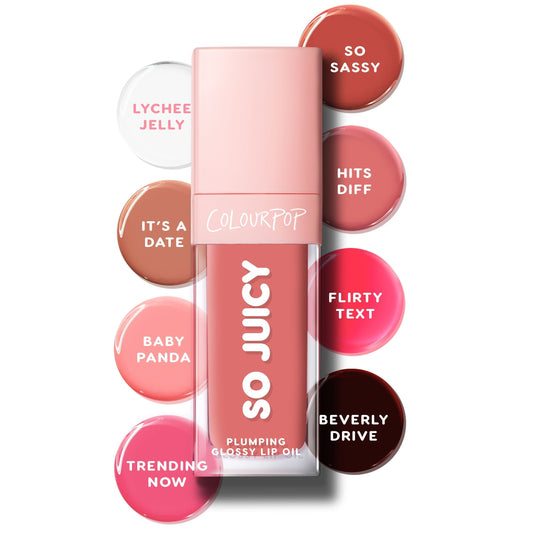 ColourPop So Juicy Lip Oil Set 100% Juicy bottle stands centered, displaying plumping glossy lip oil with eight swatches labeled Lychee Jelly, It’s a Date, Baby Panda, Trending Now, So Sassy, Hits Diff, Flirty Text, and Beverly Drive on white.