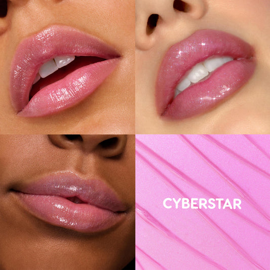 Glossy, sheer pink-shimmer lips wearing Cyberstar, the ColourPop So Juicy Plumping Gloss Balm with Peptides, shown on three models in a 2x2 grid beside a lilac-pink texture swatch labeled CYBERSTAR.