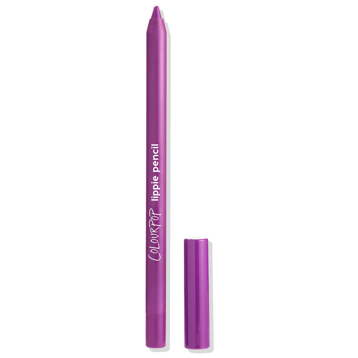 TBH ColourPop Lippie Pencil standing uncapped, showing a vivid purple lip liner tip and glossy matching barrel, with the cap placed beside it on a clean white background.