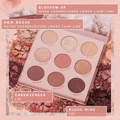 Blush Crush Shadow Palette by ColourPop lies open with nine rose-toned shades - Lovesick, Pop a Bottle, The One, Enamored, Made U Blush, Blossom Up, How Rouge, Cheek2Cheek, Blush Wine - with placement tips, set on crushed pink pigments; ColourPop Shadow Palette.