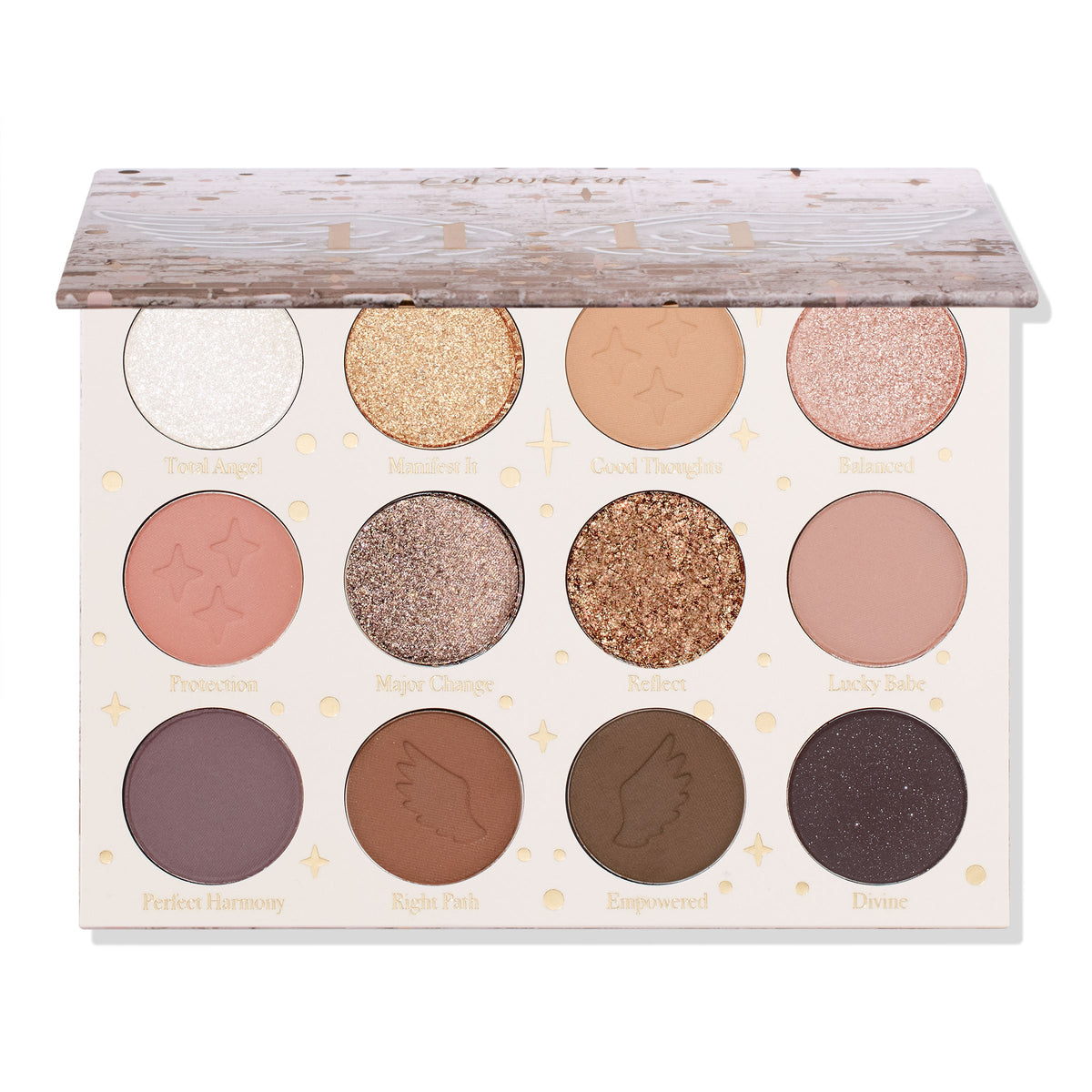 11:11 ColourPop Shadow Palette sits with lid half open, revealing 12 neutral shades - mattes and glittery metallics in ivory, gold, rose, taupe, warm browns, plum, and deep charcoal - with star/wing embossing and shade names on a white background.