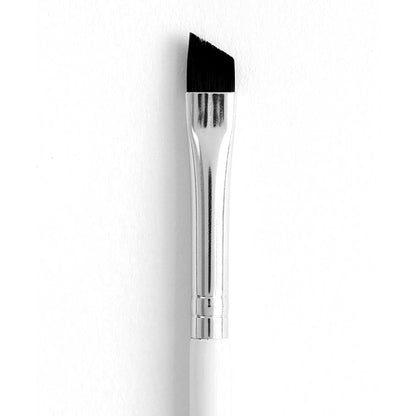 ColourPop Angled Eye Brush showcasing firm black angled bristles for precise eyeliner and brow definition, with a shiny chrome ferrule and white handle, close-up on a white background.