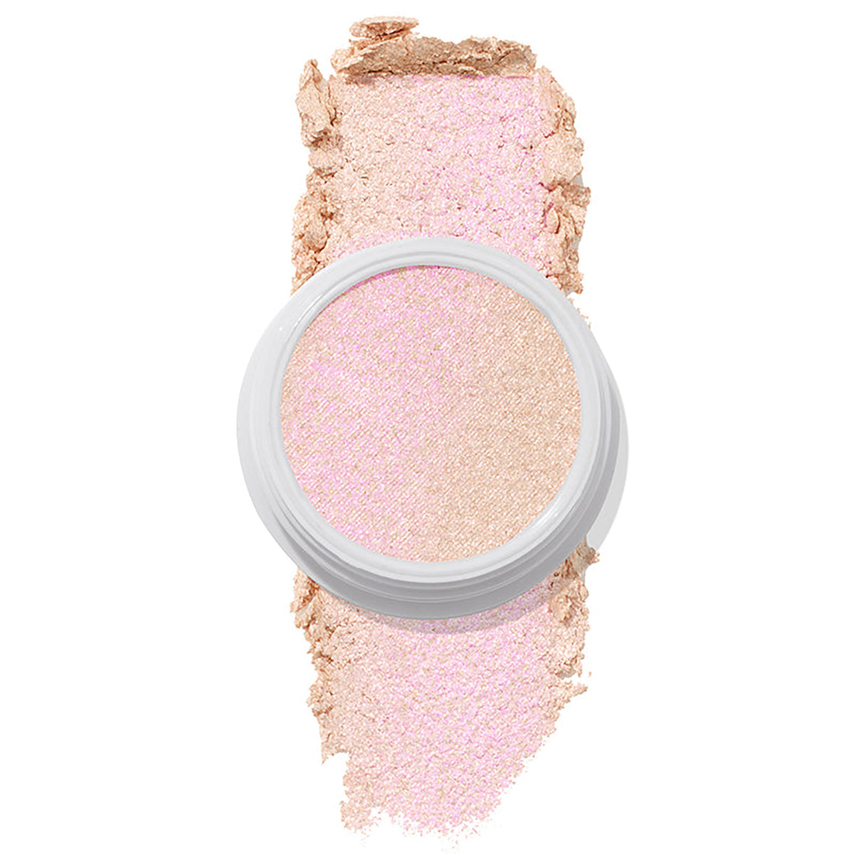 ColourPop Felicity Super Shock Highlighter displays a champagne, pink-shift shade in a white pot, the cream-to-powder formula catching light over a matching soft swatch on a clean white background.