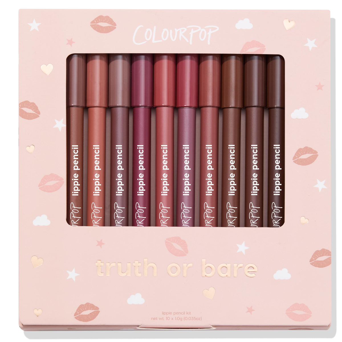 ColourPop Truth or Bare Lippie Pencil kit showcases 10 creamy lip liners in nude, pink, mauve, and brown shades, lined upright behind a clear window in a blush-pink box with hearts, clouds, and lip prints - an everyday neutral gift set.