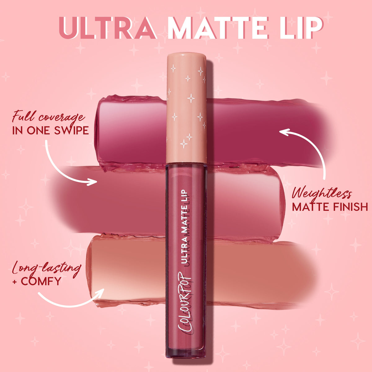 ColourPop Ultra Matte Lip Panther liquid lipstick stands centered with a blush‑pink cap over nude, rose, and berry swipe swatches, showcasing full‑coverage, weightless matte, long‑lasting comfy wear on a pink graphic backdrop.