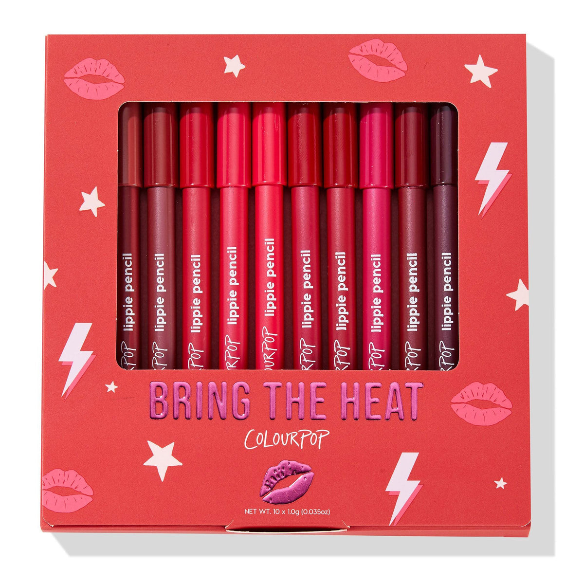 Ten ColourPop Lippie Pencil liners line up in the red Bring The Heat box, showing shades from pink and coral to crimson and burgundy; kiss, star, and lightning graphics decorate the packaging. 10-piece lip liner set, net wt 10 x 1.0 g (0.035 oz).