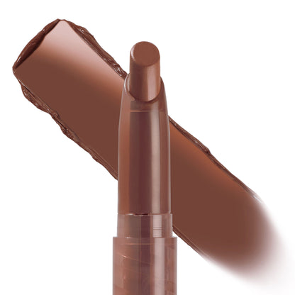 Grunge ColourPop Lippie Stix shown uncapped, a slim twist-up lip crayon in deep cocoa brown, with a smooth opaque swatch behind the bullet on a white background, highlighting its creamy payoff and richly pigmented shade.