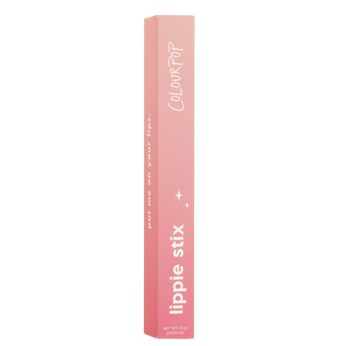 ColourPop Lippie Stix in I Heart This stands upright in a pink-to-peach gradient box with white “lippie stix” and “ColourPop” lettering and small star icons, 1.0 g (0.035 oz), set against a clean white background.
