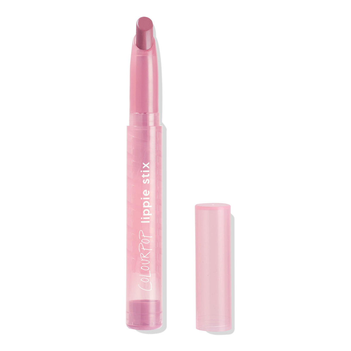 ColourPop Lippie Stix Westie stands uncapped, angled mauve-pink tip exposed, in a slim translucent pink tube with white COLOURPOP lippie stix lettering, matching cap set to the side on a clean white background.