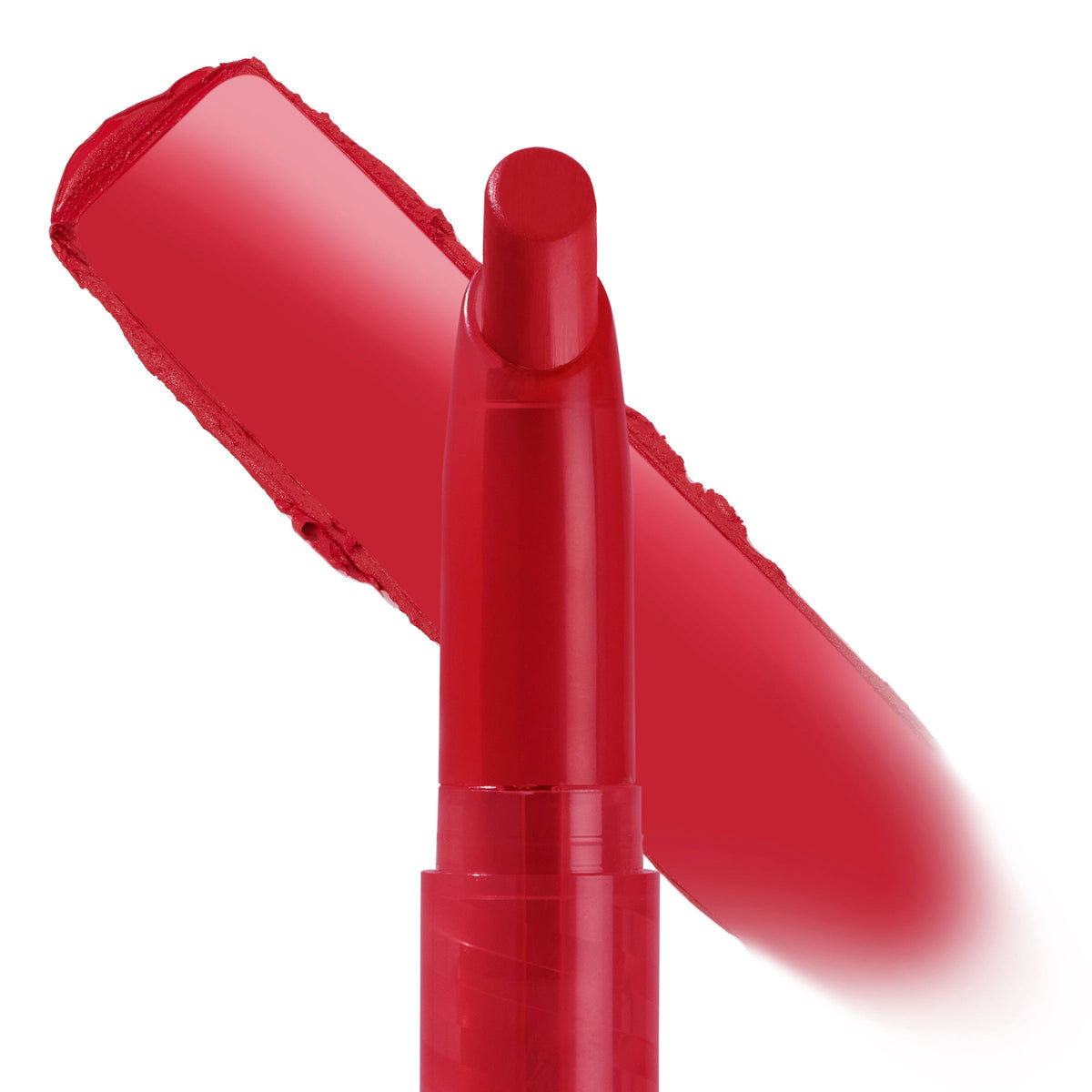 ColourPop Lippie Stix Hot in Here glides on a bold true red; the slim twist-up Lippie Stix stands before a creamy red swatch on white, showcasing smooth, high-pigment coverage and precise application.
