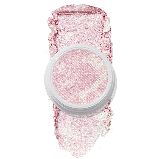 Candy Floss ColourPop Super Shock Highlighter displays a marbled pastel pink, icy-pearl pan in a white round pot, with a wide swipe of the creamy highlighter beneath to show shimmer and payoff on a clean white background.