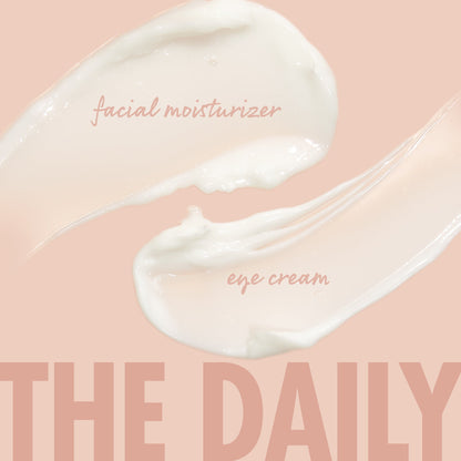 The Daily Face Cream, a ColourPop Face Moisturizer, swatched as glossy ivory streaks to showcase a silky, lightweight texture on a peach backdrop, with subtle “facial moisturizer” and “eye cream” labels.