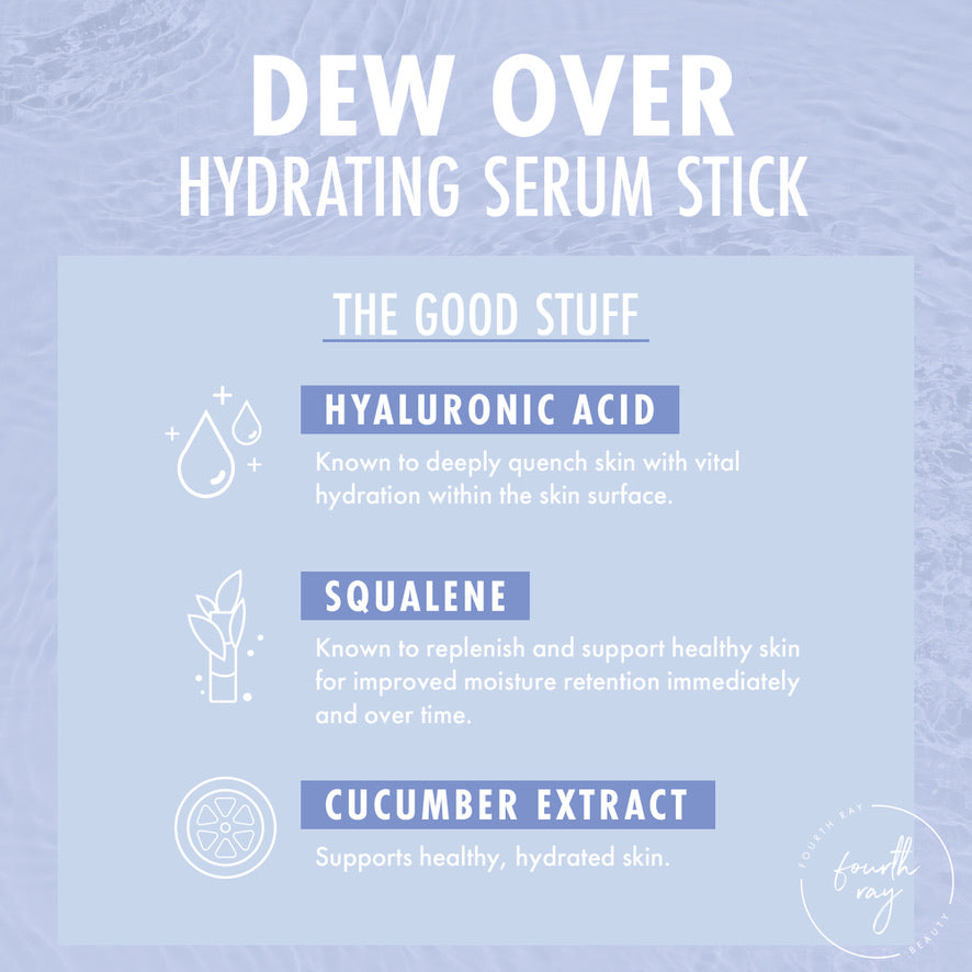Dew Over hydrating serum stick graphic showcases key ingredients - hyaluronic acid for deep hydration, squalene to support moisture retention, and cucumber extract for healthy skin - on a pale blue water backdrop; ColourPop Serum Stick.