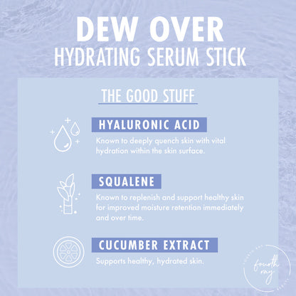 Dew Over hydrating serum stick graphic showcases key ingredients - hyaluronic acid for deep hydration, squalene to support moisture retention, and cucumber extract for healthy skin - on a pale blue water backdrop; ColourPop Serum Stick.