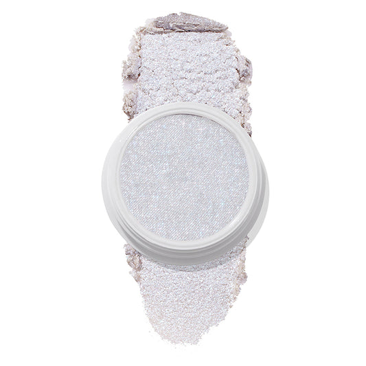 ColourPop Honeymoon Super Shock Highlighter in a white round pot, showing a pale icy-lilac, opalescent shimmer with iridescent sparkle, and a soft crushed swatch smeared above and below the pan on a white background.