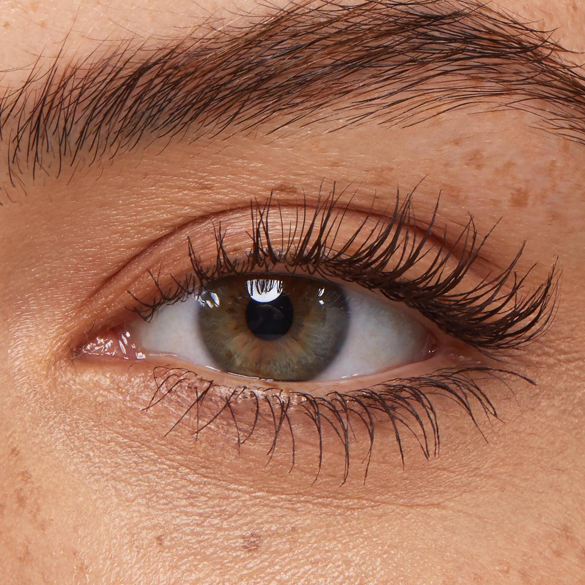 Mascara-coated lashes lengthened and fanned in soft brown, showcasing ColourPop Act Natural Mascara in Brown on a close-up eye, with clean separation and natural-looking volume ideal for everyday makeup.