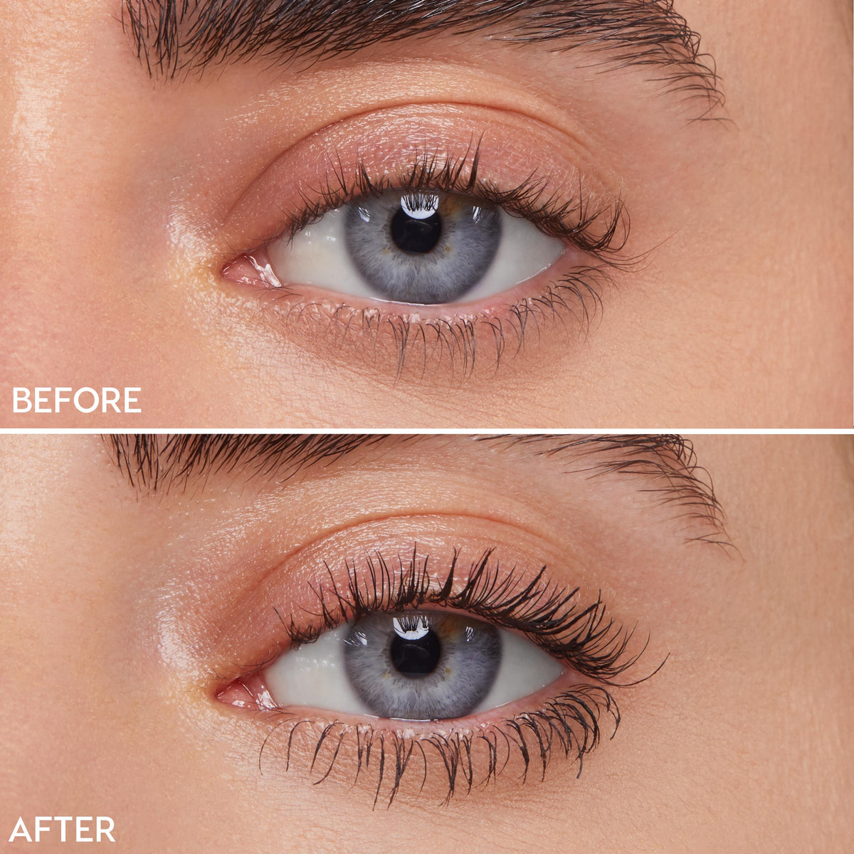 Lashes wearing ColourPop Act Natural Mascara, Black, lifting and defining a blue-gray eye; side-by-side before and after close-up shows noticeably longer, darker, separated lashes with a soft, natural finish.