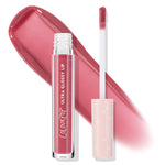 ColourPop Ultra Glossy Lip in All Me stands open with a doe-foot applicator and star-printed blush cap beside a wide rosy pink swatch on a white background, showcasing the high-shine mauve gloss in a clear tube.