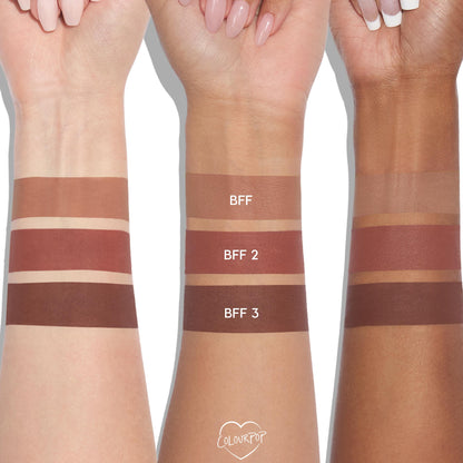 All My BFFs ColourPop Lippie Pencil swatches across three arms (light, medium, deep), showing nude-to-brown liners labeled BFF, BFF 2, and BFF 3 in a matte finish against a clean white background.