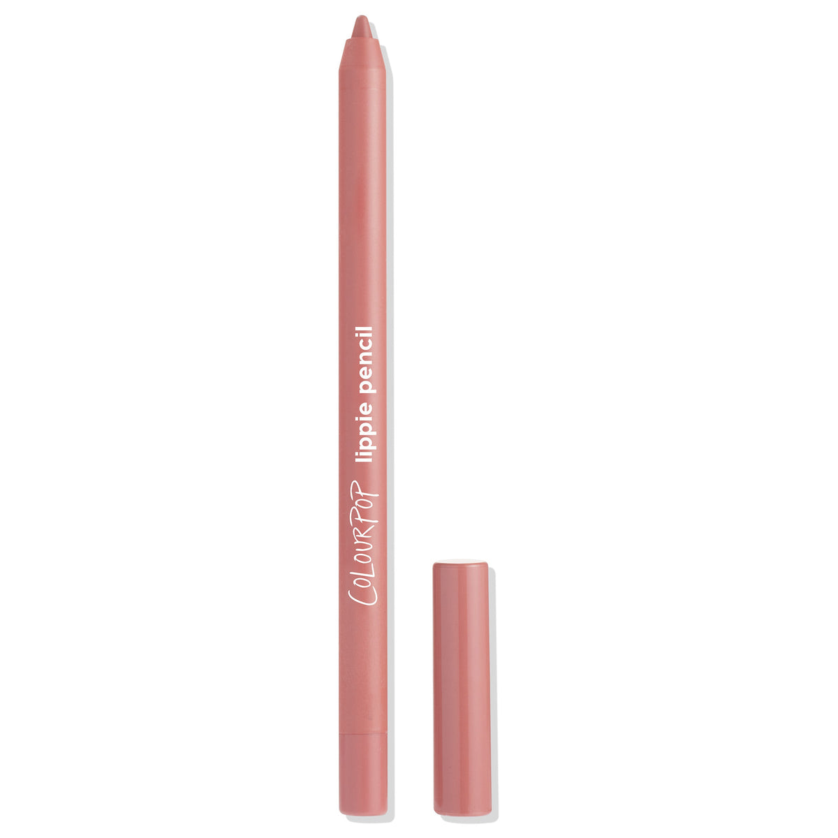 ColourPop Lippie Pencil in Another Round stands upright with the cap off, tip exposed; a rosy nude pink lip liner in a slim tube on a white background, showing lippie pencil branding for precise lip lining and definition.