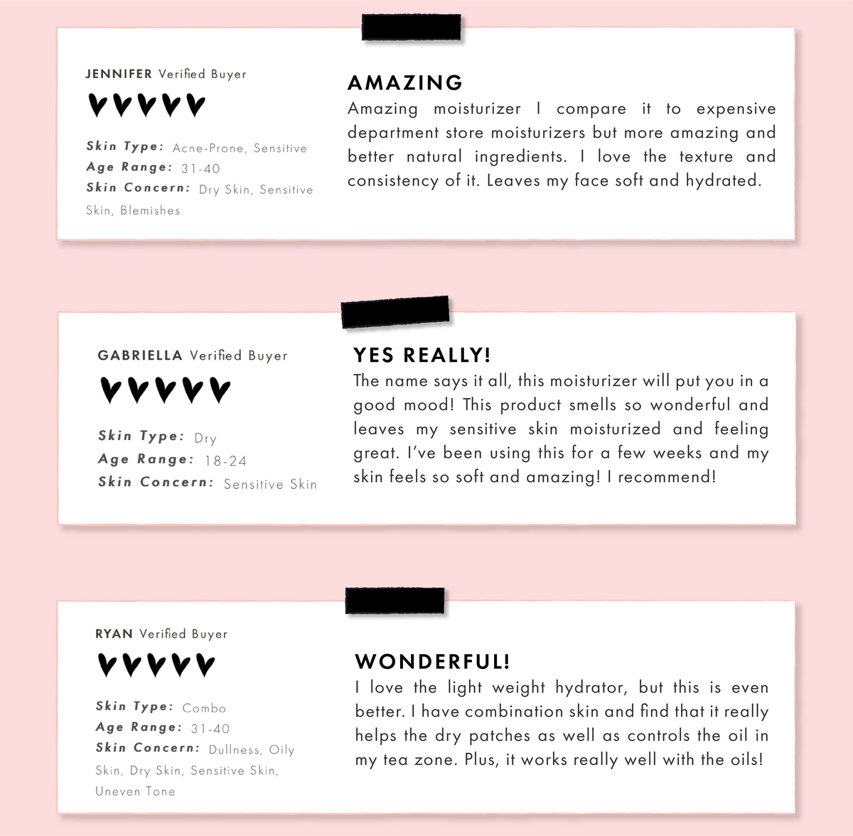 Good Mood Gel Moisturizer reviews showcasing three verified-buyer cards - each with five black heart ratings and bold headlines “Amazing,” “Yes Really!” and “Wonderful!” - on a pink background, highlighting hydration for sensitive and combo skin; ColourPop Face Moisturizer.