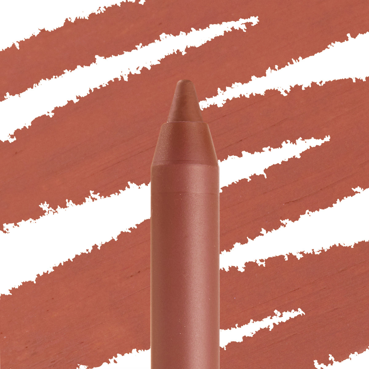 BFF2 Lippie Pencil lines warm nude-brown swatches, ColourPop Lippie Pencil shown in macro with pointed tip against diagonal matching strokes, highlighting creamy pigment and precise lip-lining control.