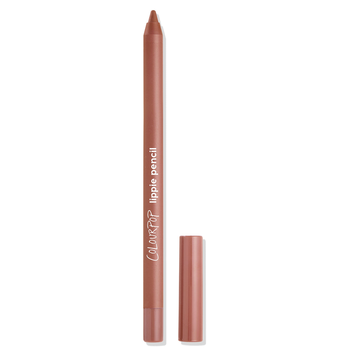 BFF2 ColourPop Lippie Pencil stands uncapped with its cap beside it, revealing a warm nude-brown tip for precise lip lining; slim barrel labeled “lippie pencil,” shown on a clean white background.