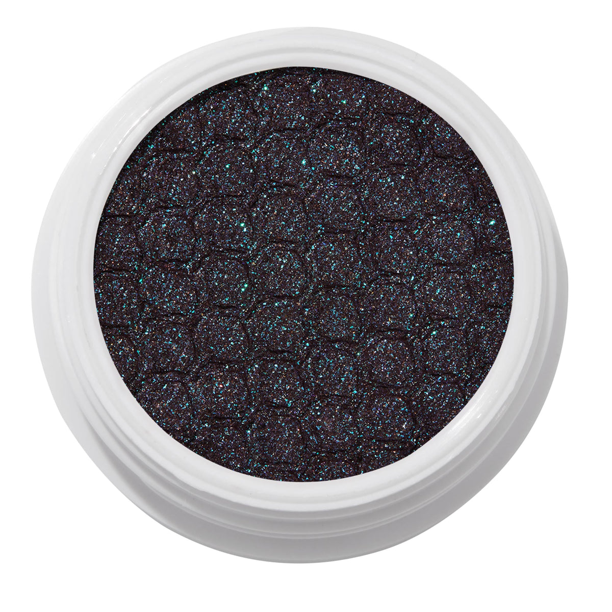 ColourPop Bae Super Shock Shadow shimmering in a white round pot, a deep plum-black cream eyeshadow packed with teal and blue microglitter and a quilted texture, shown close-up on a clean white background.