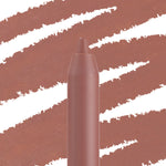 Beeper ColourPop Lippie Pencil showcases its sharpened tip, depositing smooth mauve-brown nude pigment, with bold matching swatch strokes in the background for shade reference.