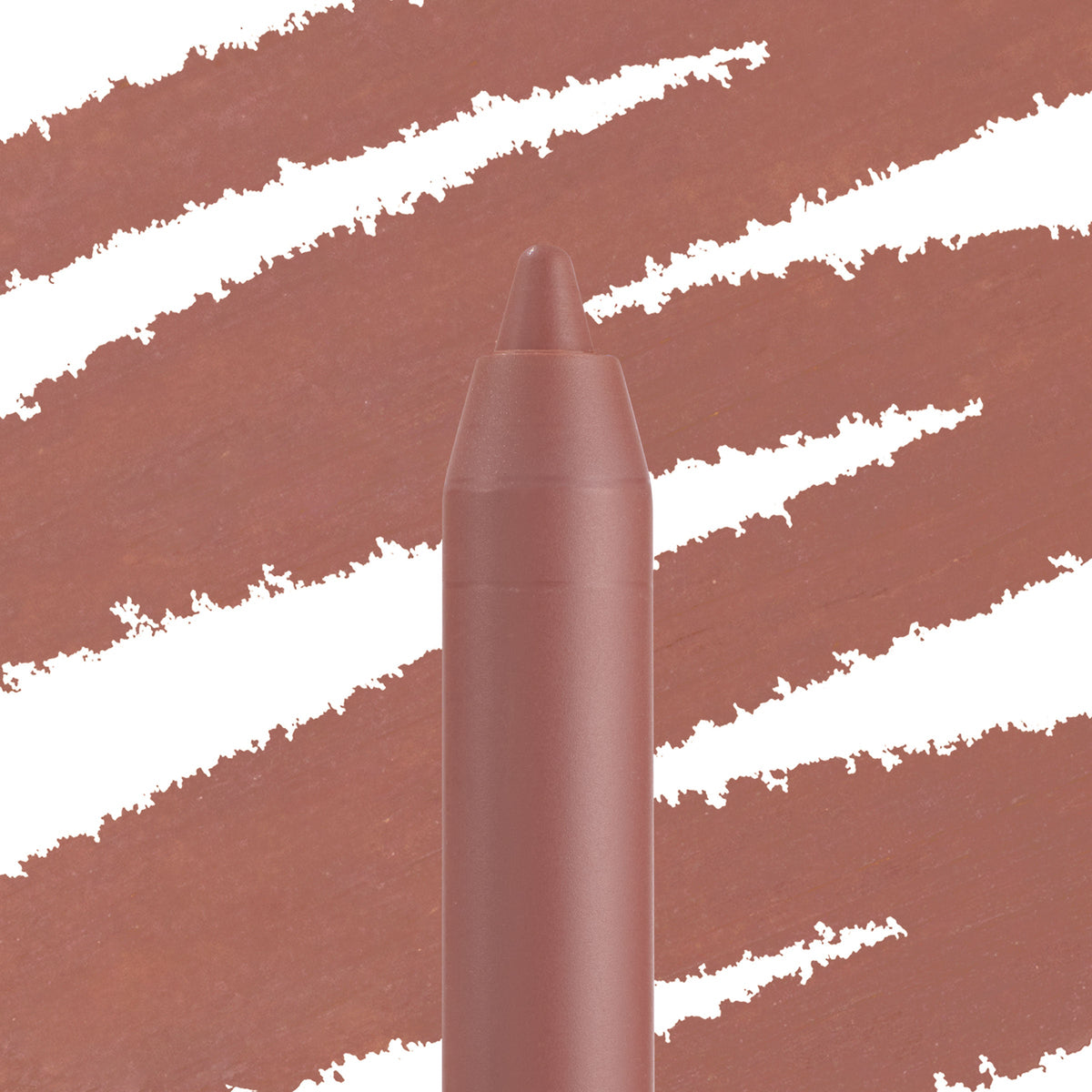 Beeper ColourPop Lippie Pencil showcases its sharpened tip, depositing smooth mauve-brown nude pigment, with bold matching swatch strokes in the background for shade reference.