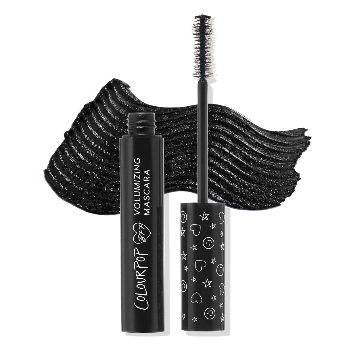 ColourPop BFF Mascara Black on Black displayed open, wand upright showing dense bristle brush, with a bold black swatch behind; sleek black tube reads Volumizing Mascara and cap features white heart, star, and smiley icons.